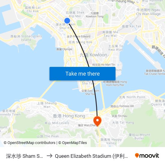 深水埗 Sham Shui Po to Queen Elizabeth Stadium (伊利沙伯體育館) map