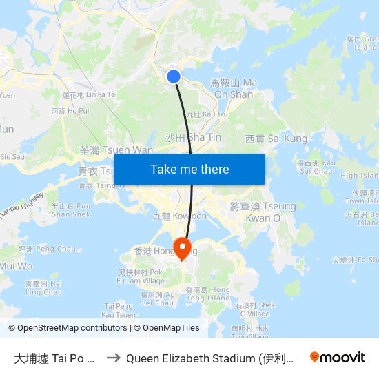 大埔墟 Tai Po Market to Queen Elizabeth Stadium (伊利沙伯體育館) map