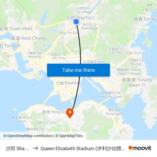 沙田 Sha Tin to Queen Elizabeth Stadium (伊利沙伯體育館) map