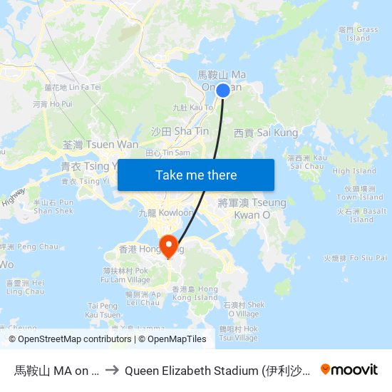 馬鞍山 MA on Shan to Queen Elizabeth Stadium (伊利沙伯體育館) map