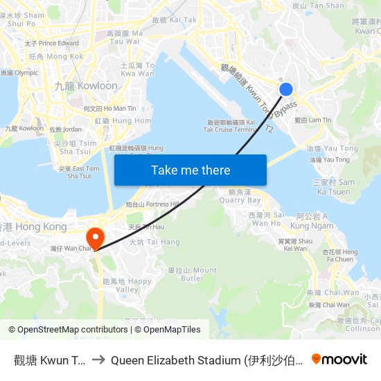 觀塘 Kwun Tong to Queen Elizabeth Stadium (伊利沙伯體育館) map