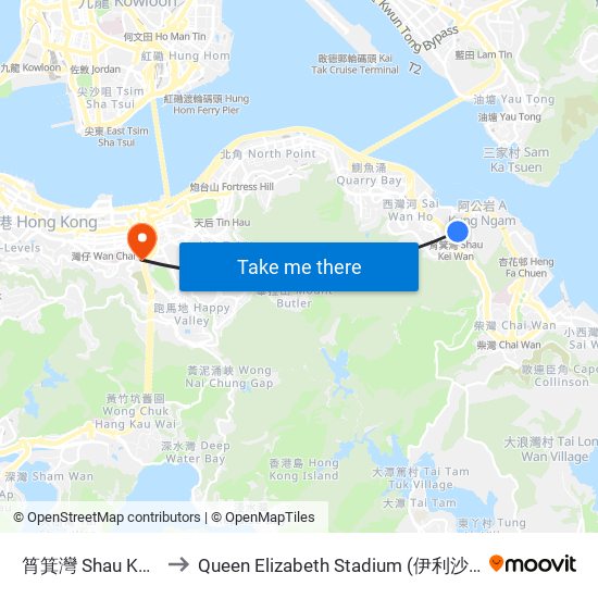 筲箕灣 Shau Kei Wan to Queen Elizabeth Stadium (伊利沙伯體育館) map