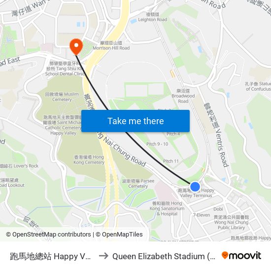 跑馬地總站 Happy Valley Terminus to Queen Elizabeth Stadium (伊利沙伯體育館) map