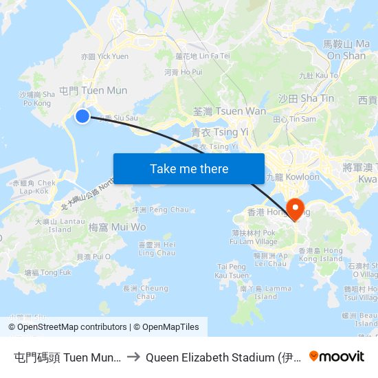 屯門碼頭 Tuen Mun Ferry Pier to Queen Elizabeth Stadium (伊利沙伯體育館) map