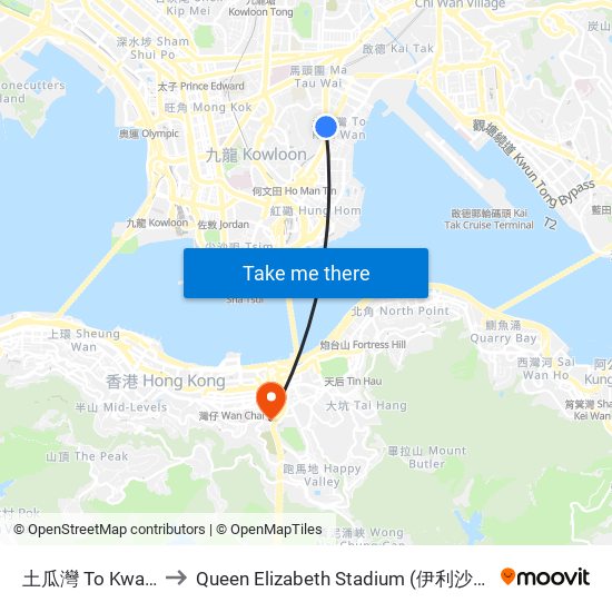 土瓜灣 To Kwa Wan to Queen Elizabeth Stadium (伊利沙伯體育館) map