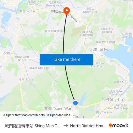 城門隧道轉車站 Shing Mun Tunnels Bus Interchange to North District Hospital (北區醫院) map