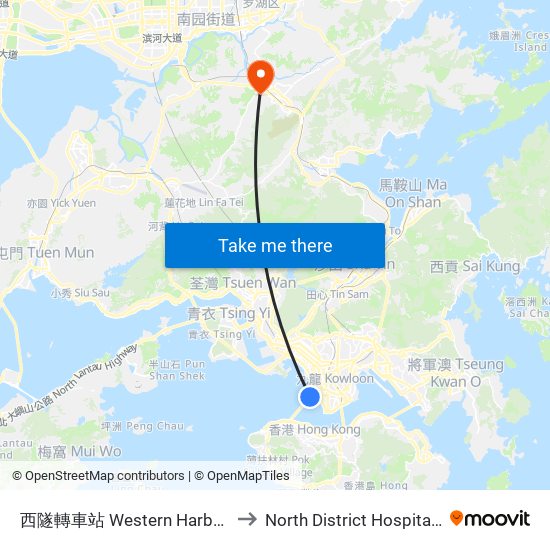 西隧轉車站 Western Harbour Tunnel Bbi to North District Hospital (北區醫院) map