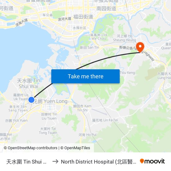 天水圍 Tin Shui Wai to North District Hospital (北區醫院) map