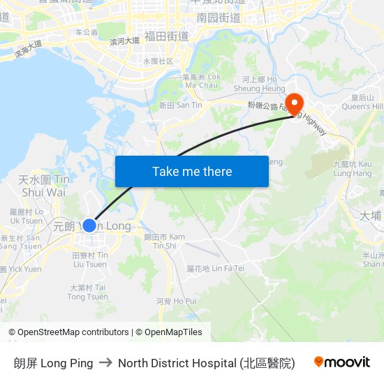 朗屏 Long Ping to North District Hospital (北區醫院) map