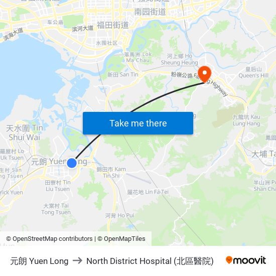 元朗 Yuen Long to North District Hospital (北區醫院) map
