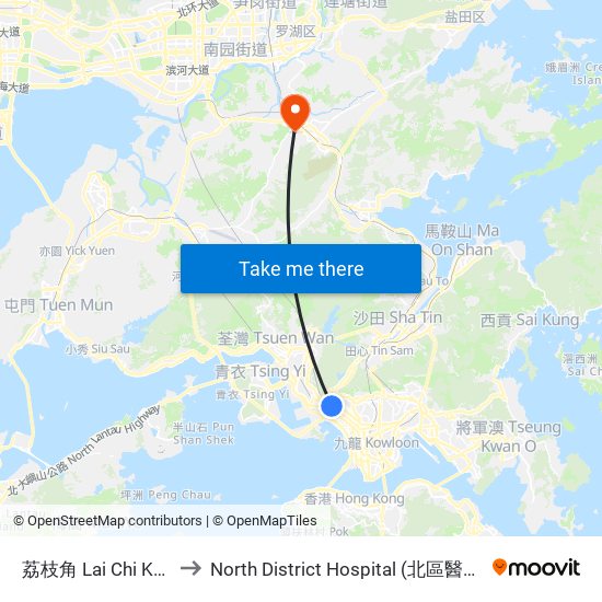 荔枝角 Lai Chi Kok to North District Hospital (北區醫院) map