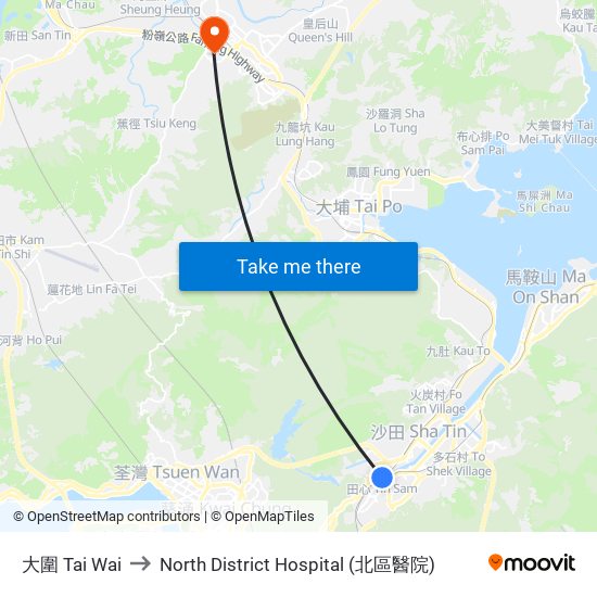 大圍 Tai Wai to North District Hospital (北區醫院) map