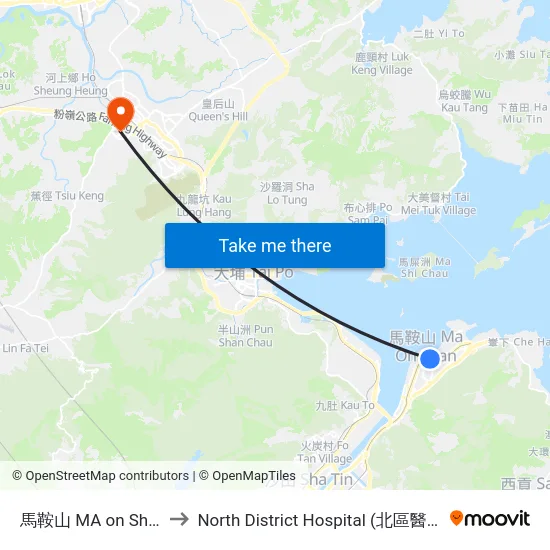 馬鞍山 MA on Shan to North District Hospital (北區醫院) map