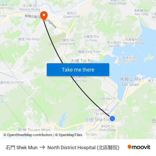 石門 Shek Mun to North District Hospital (北區醫院) map