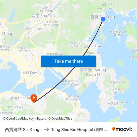 西貢總站 Sai Kung B/T to Tang Shiu Kin Hospital (鄧肇堅醫院) map