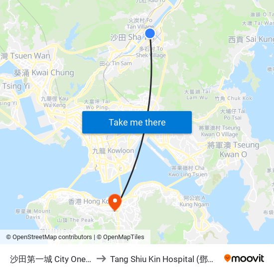 沙田第一城 City One Shatin to Tang Shiu Kin Hospital (鄧肇堅醫院) map