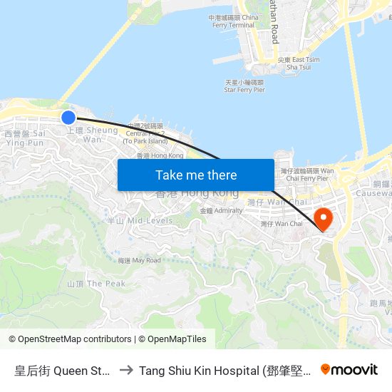 皇后街 Queen Street to Tang Shiu Kin Hospital (鄧肇堅醫院) map