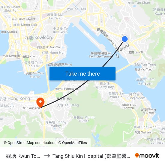 觀塘 Kwun Tong to Tang Shiu Kin Hospital (鄧肇堅醫院) map