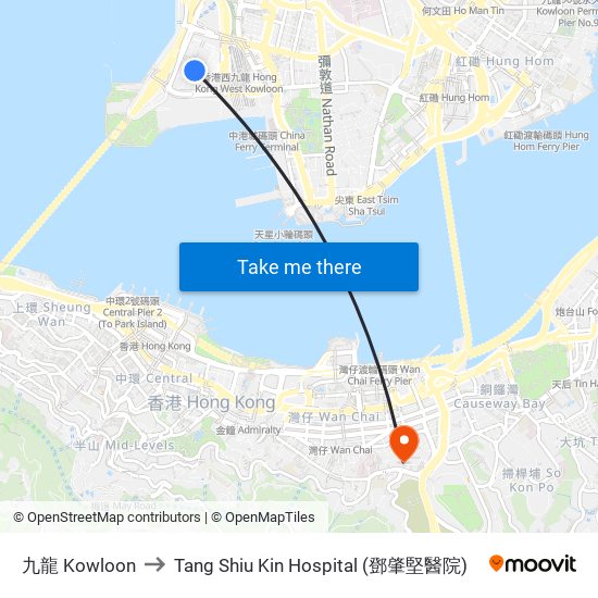 九龍 Kowloon to Tang Shiu Kin Hospital (鄧肇堅醫院) map