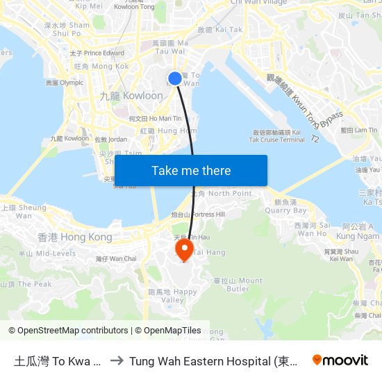 土瓜灣 To Kwa Wan to Tung Wah Eastern Hospital (東華東院) map