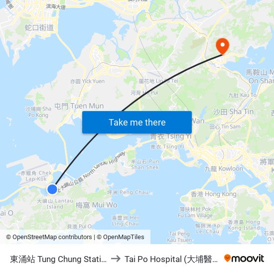 東涌站 Tung Chung Station to Tai Po Hospital (大埔醫院) map