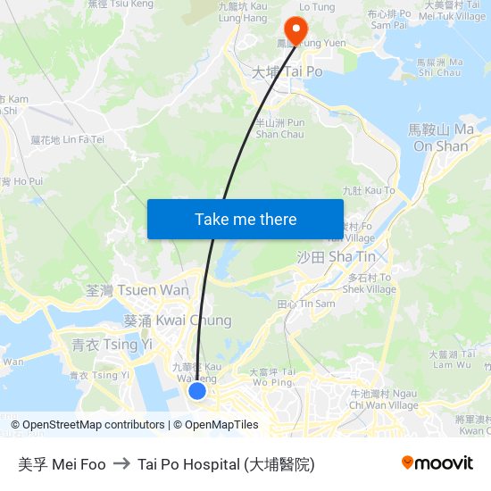 美孚 Mei Foo to Tai Po Hospital (大埔醫院) map