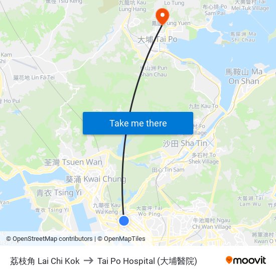 荔枝角 Lai Chi Kok to Tai Po Hospital (大埔醫院) map