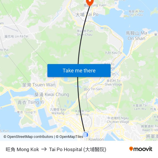 旺角 Mong Kok to Tai Po Hospital (大埔醫院) map