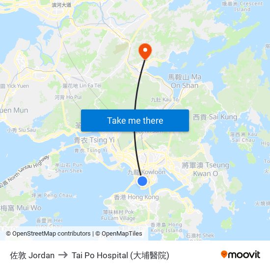 佐敦 Jordan to Tai Po Hospital (大埔醫院) map