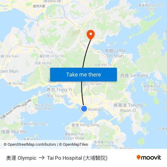 奧運 Olympic to Tai Po Hospital (大埔醫院) map