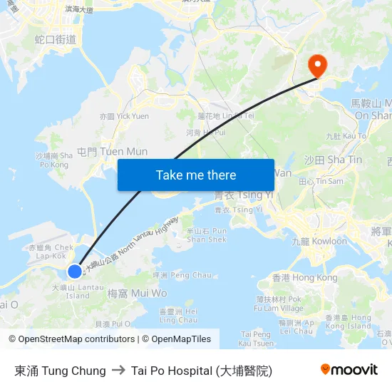 東涌 Tung Chung to Tai Po Hospital (大埔醫院) map