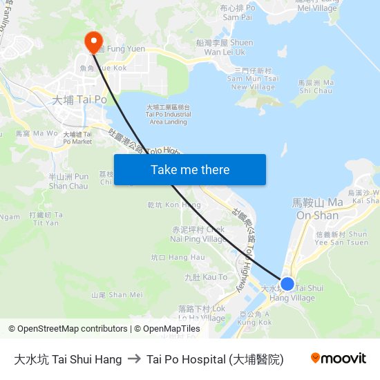 大水坑 Tai Shui Hang to Tai Po Hospital (大埔醫院) map
