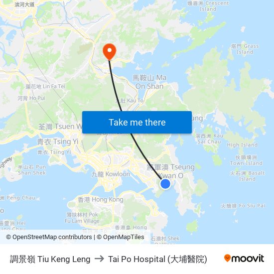 調景嶺 Tiu Keng Leng to Tai Po Hospital (大埔醫院) map