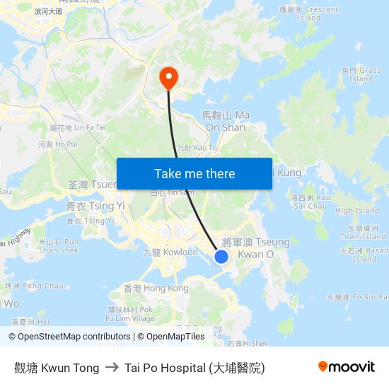 觀塘 Kwun Tong to Tai Po Hospital (大埔醫院) map