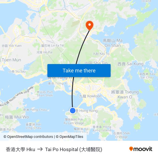 香港大學 Hku to Tai Po Hospital (大埔醫院) map