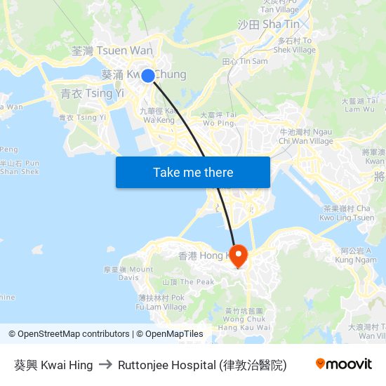 葵興 Kwai Hing to Ruttonjee Hospital (律敦治醫院) map