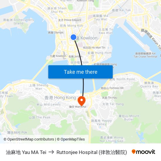 油麻地 Yau MA Tei to Ruttonjee Hospital (律敦治醫院) map