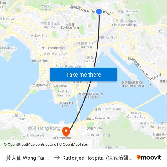 黃大仙 Wong Tai Sin to Ruttonjee Hospital (律敦治醫院) map