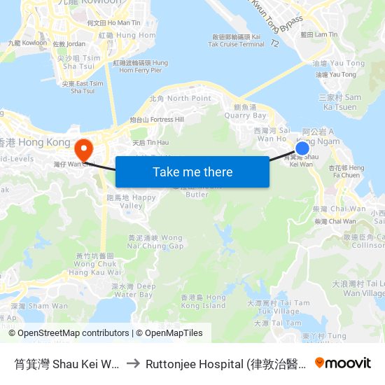 筲箕灣 Shau Kei Wan to Ruttonjee Hospital (律敦治醫院) map