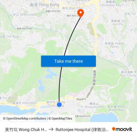 黃竹坑 Wong Chuk Hang to Ruttonjee Hospital (律敦治醫院) map