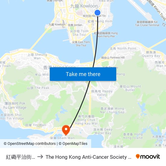 紅磡平治街 Ping Chi Street Hung Hom to The Hong Kong Anti-Cancer Society Jockey Club Cancer Rehabilitation Centre(JCCRC) (香港防癌會賽馬會康復中心) map