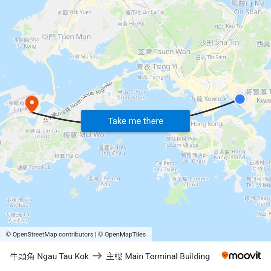 牛頭角 Ngau Tau Kok to 主樓 Main Terminal Building map
