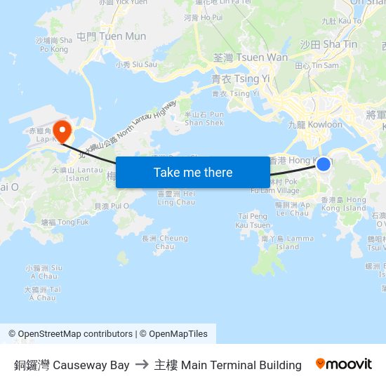 銅鑼灣 Causeway Bay to 主樓 Main Terminal Building map