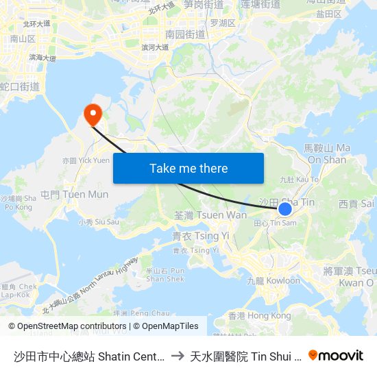 沙田市中心總站 Shatin Central Bus Terminus to 天水圍醫院 Tin Shui Wai Hospital map