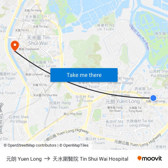 元朗 Yuen Long to 天水圍醫院 Tin Shui Wai Hospital map