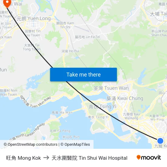 旺角 Mong Kok to 天水圍醫院 Tin Shui Wai Hospital map