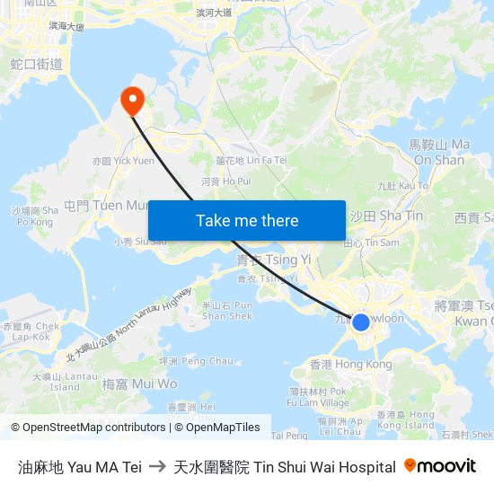 油麻地 Yau MA Tei to 天水圍醫院 Tin Shui Wai Hospital map