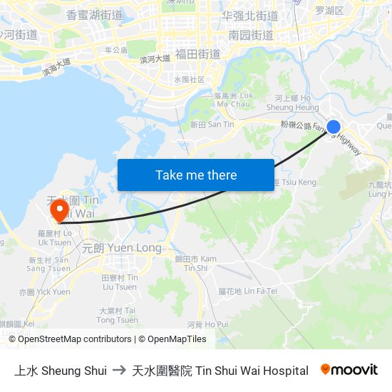 上水 Sheung Shui to 天水圍醫院 Tin Shui Wai Hospital map