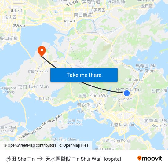 沙田 Sha Tin to 天水圍醫院 Tin Shui Wai Hospital map