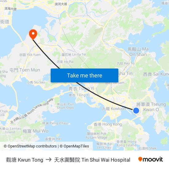 觀塘 Kwun Tong to 天水圍醫院 Tin Shui Wai Hospital map